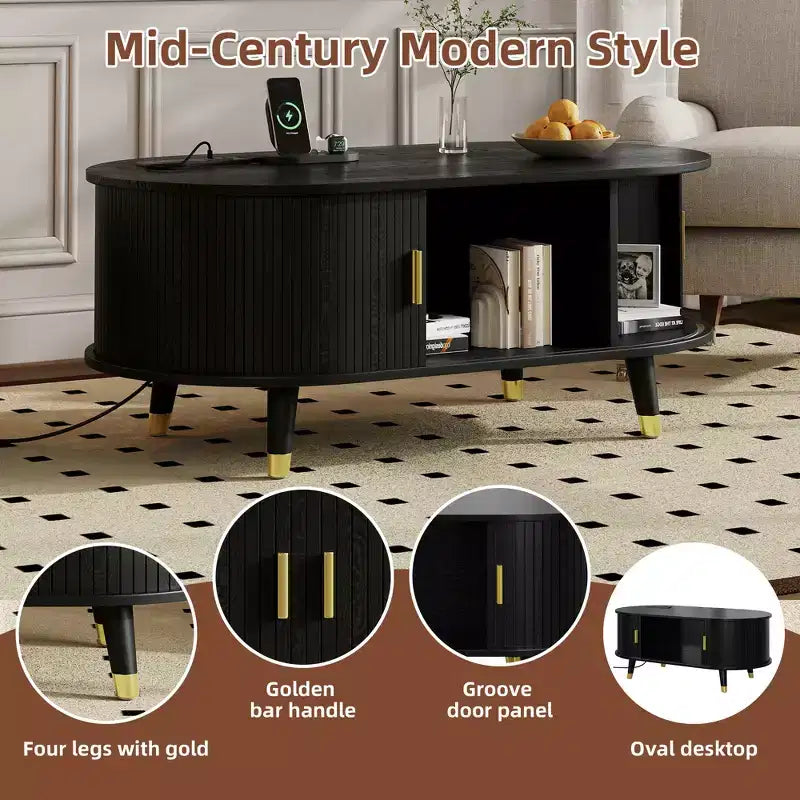 Mueble de TV estilo rústico con mesa de centro para televisores de 80 pulgadas, Mueble de TV acanalado con puerta corredera, Centro de entretenimiento ovalado con patas de madera