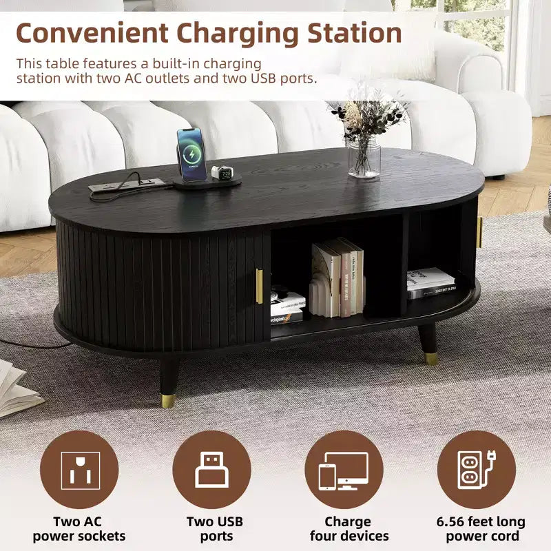 Mueble de TV estilo rústico con mesa de centro para televisores de 80 pulgadas, Mueble de TV acanalado con puerta corredera, Centro de entretenimiento ovalado con patas de madera