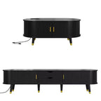 Mueble de TV estilo rústico con mesa de centro para televisores de 80 pulgadas, Mueble de TV acanalado con puerta corredera, Centro de entretenimiento ovalado con patas de madera