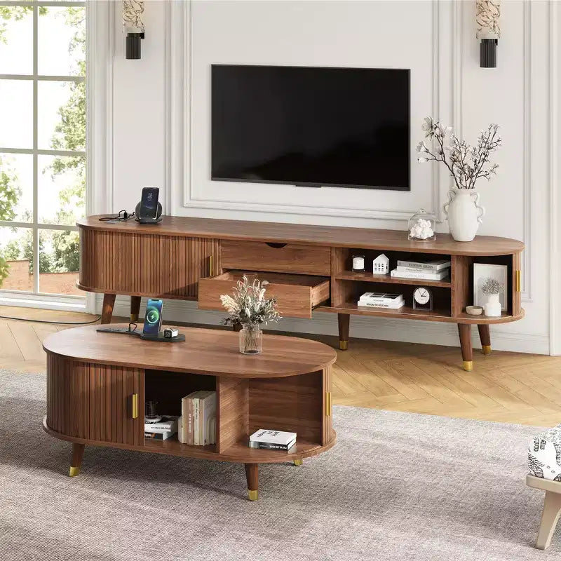Mueble de TV estilo rústico con mesa de centro para televisores de 80 pulgadas, Mueble de TV acanalado con puerta corredera, Centro de entretenimiento ovalado con patas de madera