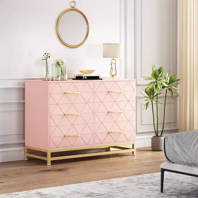 Cómoda moderna de madera con 6 cajones y tiradores dorados - Cajonera de almacenamiento versátil para dormitorio de adultos, sala de estar y organización de recibidores
