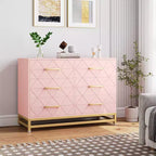 Cómoda moderna de madera con 6 cajones y tiradores dorados - Cajonera de almacenamiento versátil para dormitorio de adultos, sala de estar y organización de recibidores