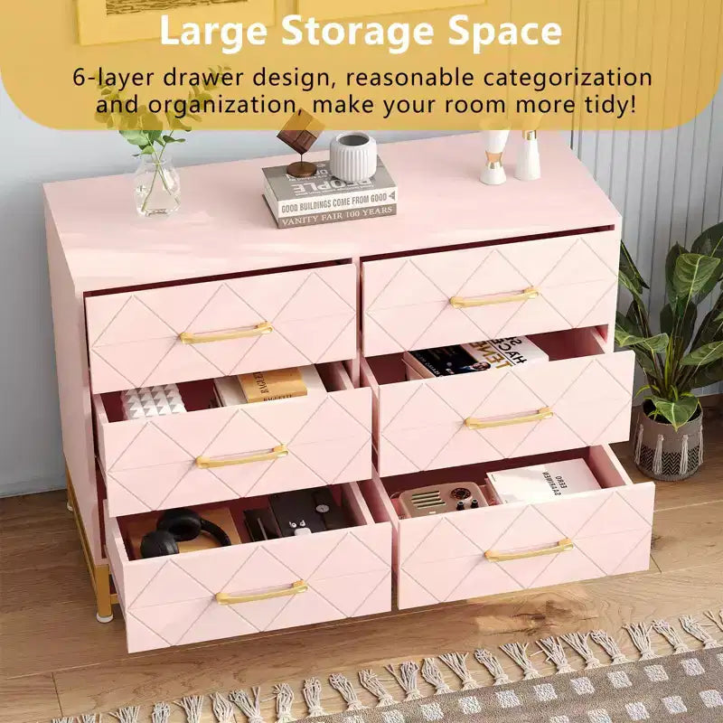 Cómoda moderna de madera con 6 cajones y tiradores dorados - Cajonera de almacenamiento versátil para dormitorio de adultos, sala de estar y organización de recibidores