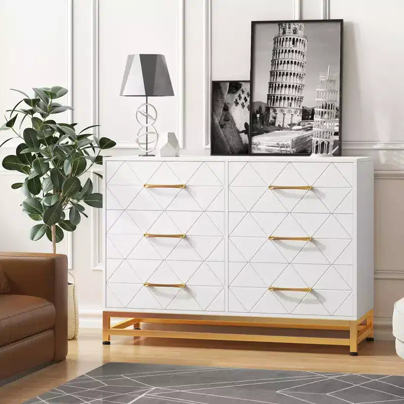 Cómoda moderna de madera con 6 cajones y tiradores dorados - Cajonera de almacenamiento versátil para dormitorio de adultos, sala de estar y organización de recibidores