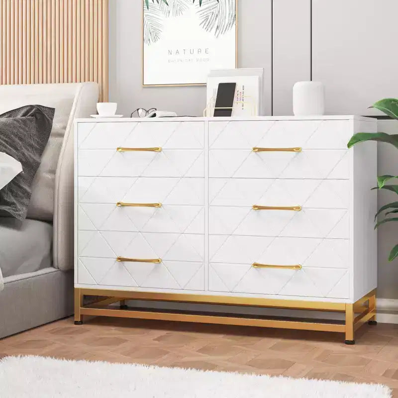 Cómoda moderna de madera con 6 cajones y tiradores dorados - Cajonera de almacenamiento versátil para dormitorio de adultos, sala de estar y organización de recibidores