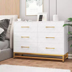 Cómoda moderna de madera con 6 cajones y tiradores dorados - Cajonera de almacenamiento versátil para dormitorio de adultos, sala de estar y organización de recibidores
