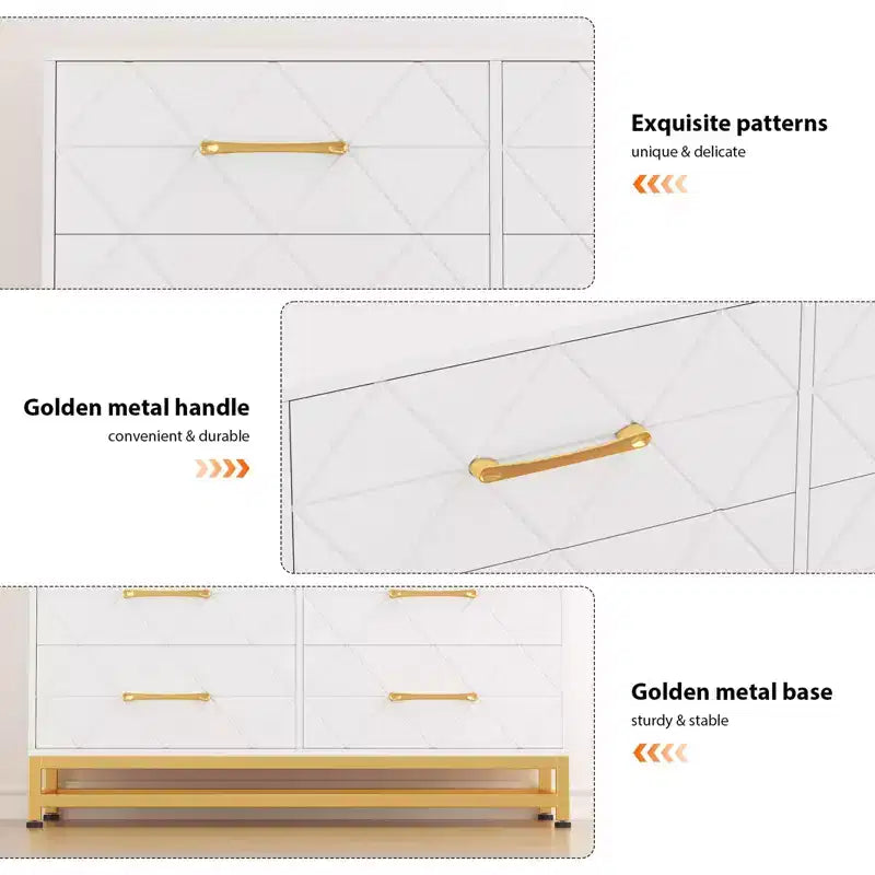 Cómoda moderna de madera con 6 cajones y tiradores dorados - Cajonera de almacenamiento versátil para dormitorio de adultos, sala de estar y organización de recibidores