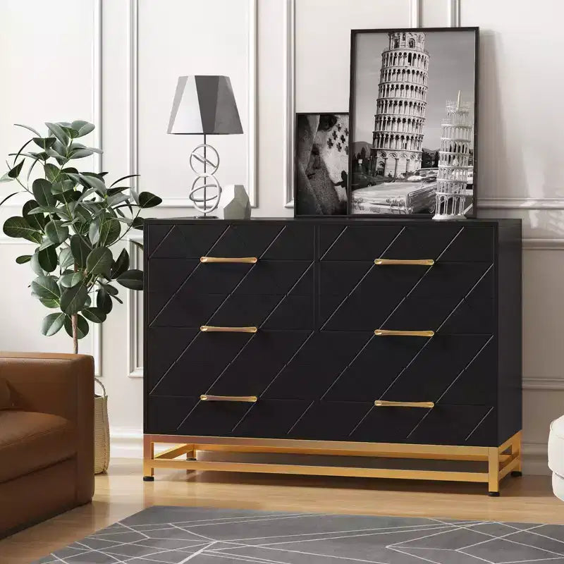 Cómoda moderna de madera con 6 cajones y tiradores dorados - Cajonera de almacenamiento versátil para dormitorio de adultos, sala de estar y organización de recibidores