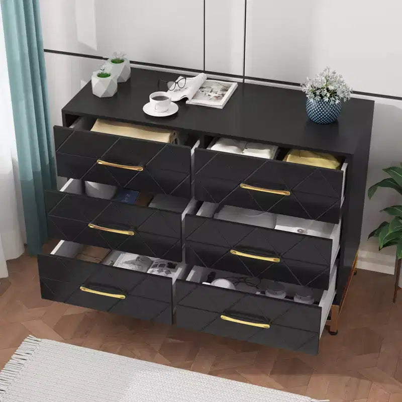 Cómoda moderna de madera con 6 cajones y tiradores dorados - Cajonera de almacenamiento versátil para dormitorio de adultos, sala de estar y organización de recibidores