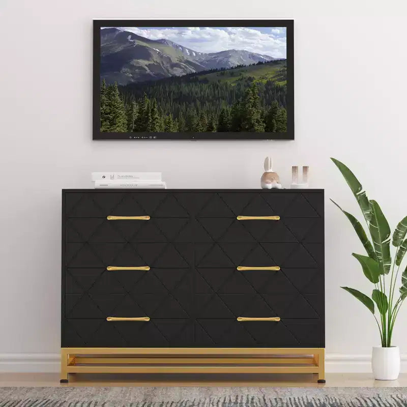 Cómoda moderna de madera con 6 cajones y tiradores dorados - Cajonera de almacenamiento versátil para dormitorio de adultos, sala de estar y organización de recibidores