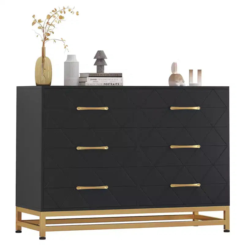 Cómoda moderna de madera con 6 cajones y tiradores dorados - Cajonera de almacenamiento versátil para dormitorio de adultos, sala de estar y organización de recibidores