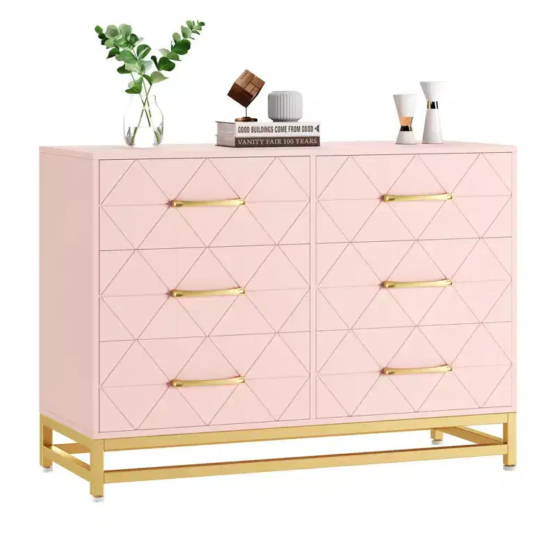 Cómoda moderna de madera con 6 cajones y tiradores dorados - Cajonera de almacenamiento versátil para dormitorio de adultos, sala de estar y organización de recibidores