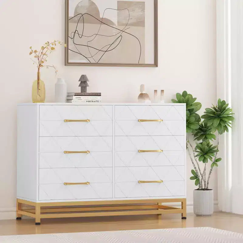 Cómoda moderna de madera con 6 cajones y tiradores dorados - Cajonera de almacenamiento versátil para dormitorio de adultos, sala de estar y organización de recibidores