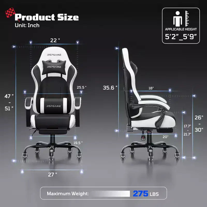 RSPGAME Silla de oficina ergonómica básica para videojuegos para adultos, sillas de oficina de cuero de PU con soporte lumbar vibratorio y reposapiés retráctil, sillas de computadora para el hogar