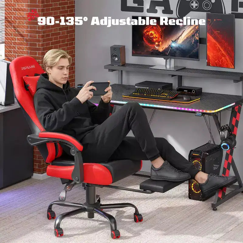 RSPGAME Silla de oficina ergonómica básica para videojuegos para adultos, sillas de oficina de cuero de PU con soporte lumbar vibratorio y reposapiés retráctil, sillas de computadora para el hogar