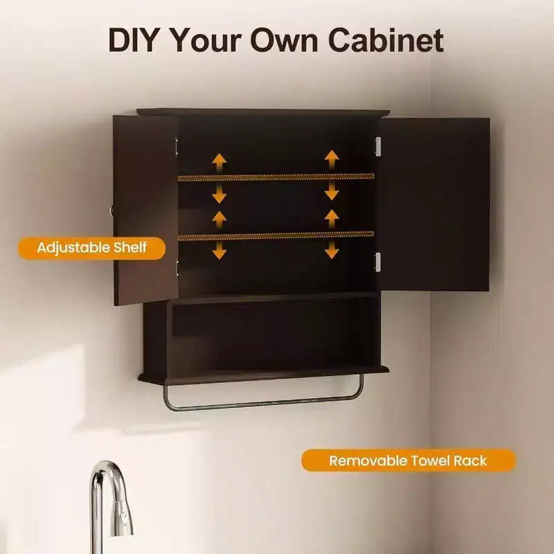 Mueble de baño montado en la pared sobre el inodoro con toallero y estante ajustable Armario de almacenamiento grande marrón 22x25 pulgadas