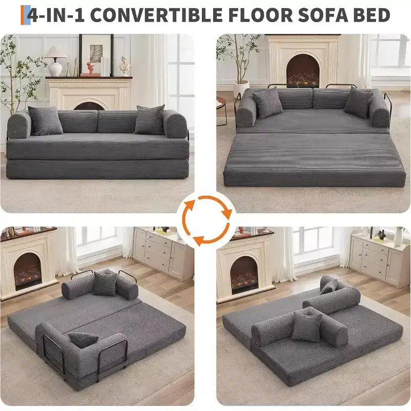 Sofá Cama Convertible 4 en 1, Tejido de Pana con Almohadas, No Requiere Montaje, Marco Robusto para Sala de Estar en Espacios Pequeños
