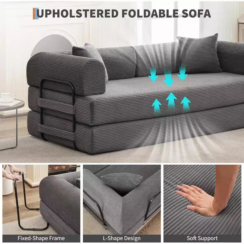 Sofá Cama Convertible 4 en 1, Tejido de Pana con Almohadas, No Requiere Montaje, Marco Robusto para Sala de Estar en Espacios Pequeños