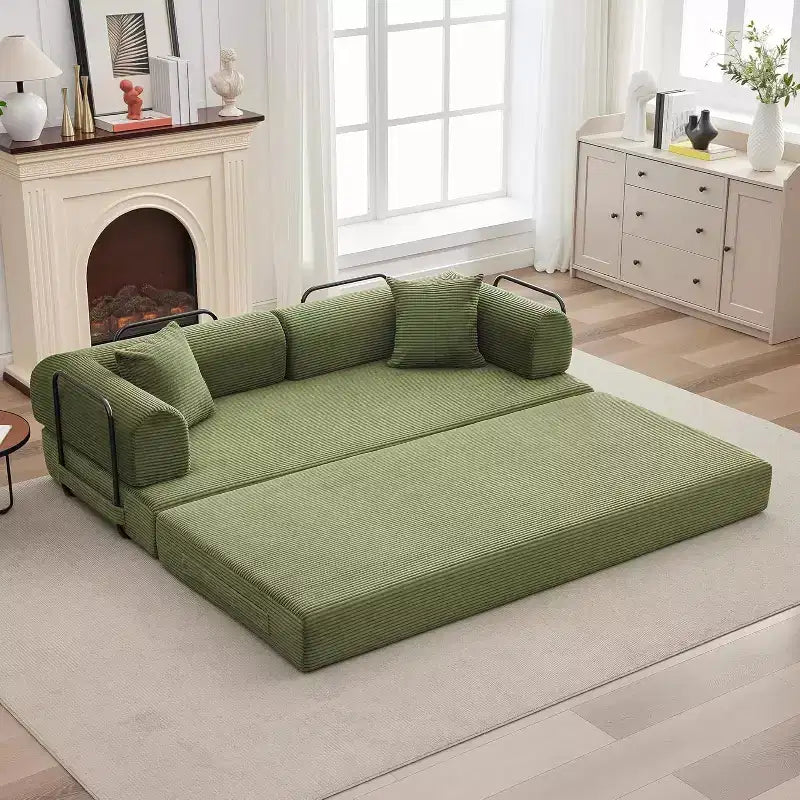 Sofá Cama Convertible 4 en 1, Tejido de Pana con Almohadas, No Requiere Montaje, Marco Robusto para Sala de Estar en Espacios Pequeños