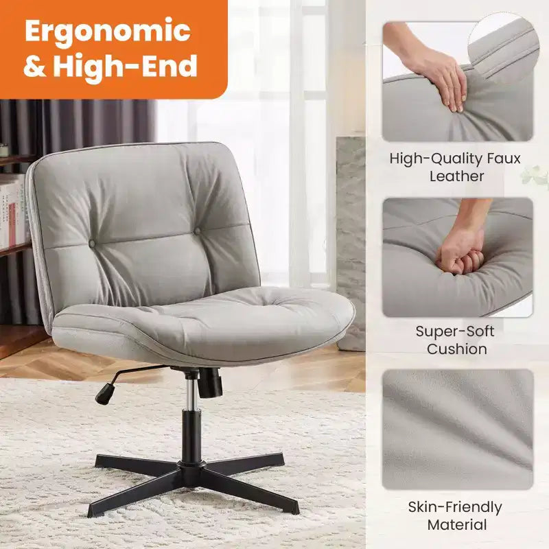 TUYOHW Silla giratoria de cuero sintético con base cruzada sin ruedas, silla de oficina con altura ajustable, silla de juego sin brazos para oficina