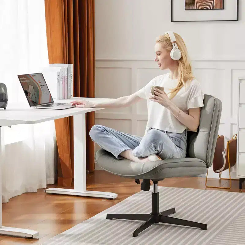 TUYOHW Silla giratoria de cuero sintético con base cruzada sin ruedas, silla de oficina con altura ajustable, silla de juego sin brazos para oficina