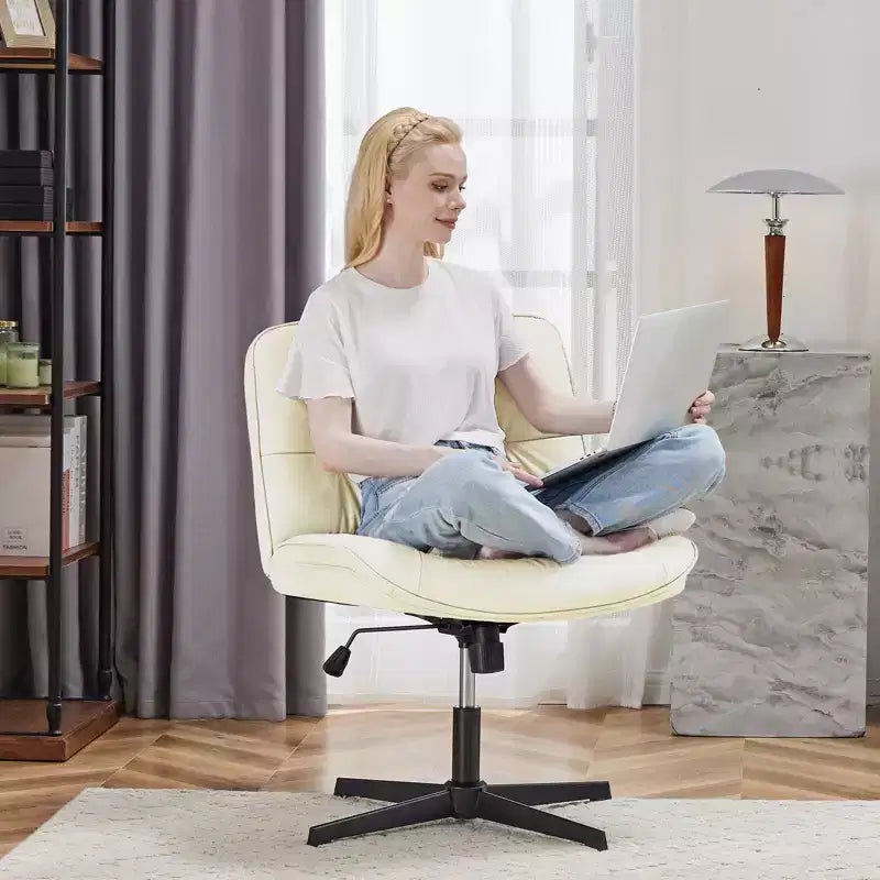 TUYOHW Silla giratoria de cuero sintético con base cruzada sin ruedas, silla de oficina con altura ajustable, silla de juego sin brazos para oficina