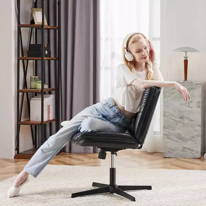 TUYOHW Silla giratoria de cuero sintético con base cruzada sin ruedas, silla de oficina con altura ajustable, silla de juego sin brazos para oficina
