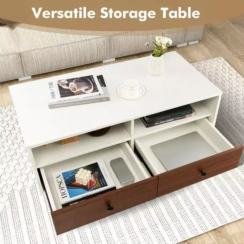 Mesa de centro moderna Costway rectangular con estante de almacenamiento y cajones, muebles para sala de estar