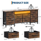 Mueble de TV para televisores de 65-75 pulgadas, cómoda larga de 10 cajones con tomas de corriente y luces LED, centro de entretenimiento de 63 pulgadas, mueble de TV con cajones de almacenamiento