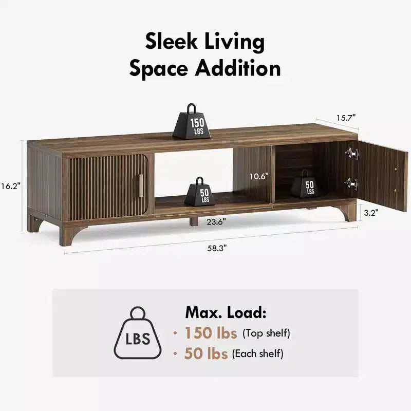 Mueble de TV SUGIFT moderno de mediados de siglo para televisores de 55-65 pulgadas, consola multimedia bohemia con puertas acanaladas, gabinetes de almacenamiento y estante abierto