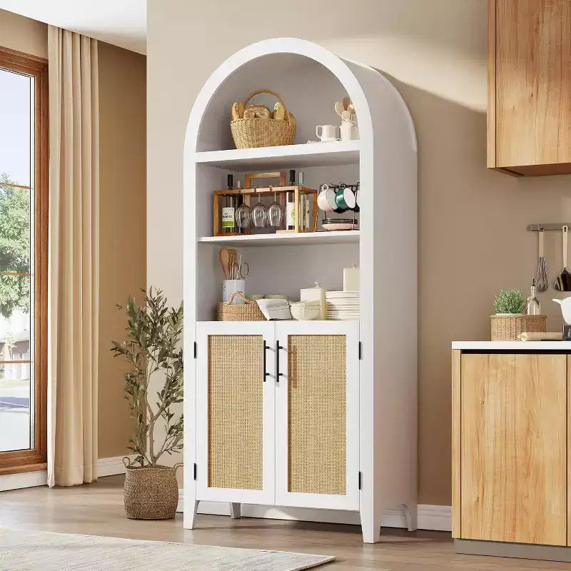 Estantería arqueada con puertas - Estante de exhibición abierto de 5 niveles con decoración de ratán, Gabinete de almacenamiento de estantería moderno para oficina en casa, sala de estar, biblioteca