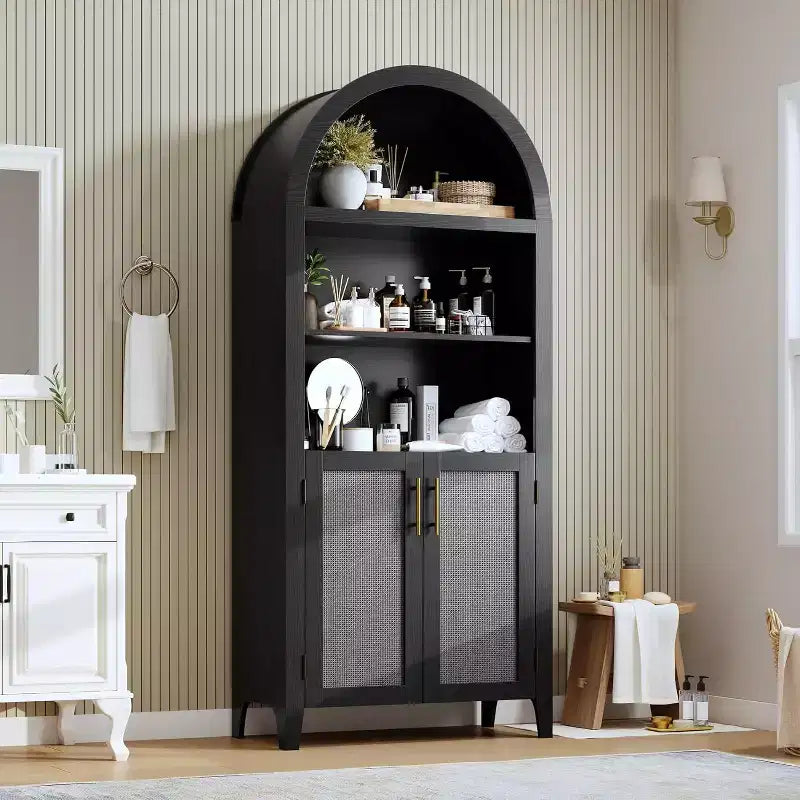 Estantería arqueada con puertas - Estante de exhibición abierto de 5 niveles con decoración de ratán, Gabinete de almacenamiento de estantería moderno para oficina en casa, sala de estar, biblioteca