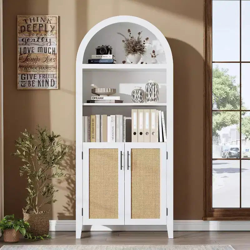 Estantería arqueada con puertas - Estante de exhibición abierto de 5 niveles con decoración de ratán, Gabinete de almacenamiento de estantería moderno para oficina en casa, sala de estar, biblioteca