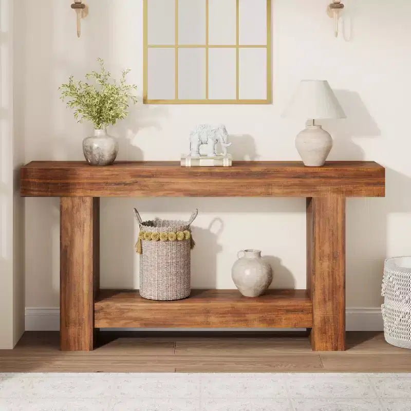 Mesa consola larga de 2 niveles, mesa de sofá, mesa auxiliar de entrada estilo casa de campo detrás del sofá para entrada, pasillo, sala de estar