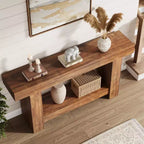 Mesa consola larga de 2 niveles, mesa de sofá, mesa auxiliar de entrada estilo casa de campo detrás del sofá para entrada, pasillo, sala de estar