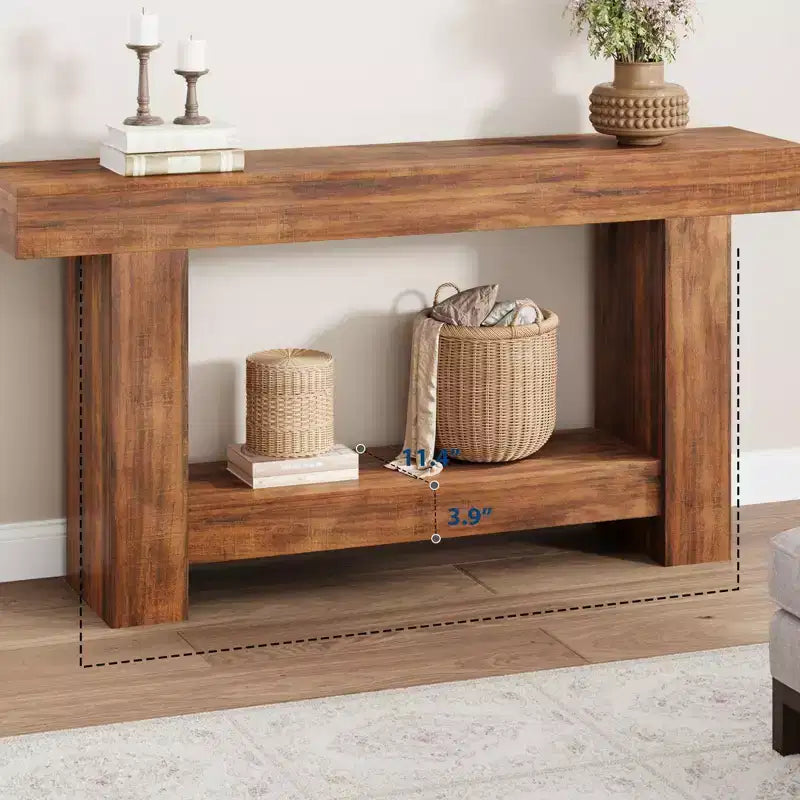 Mesa consola larga de 2 niveles, mesa de sofá, mesa auxiliar de entrada estilo casa de campo detrás del sofá para entrada, pasillo, sala de estar