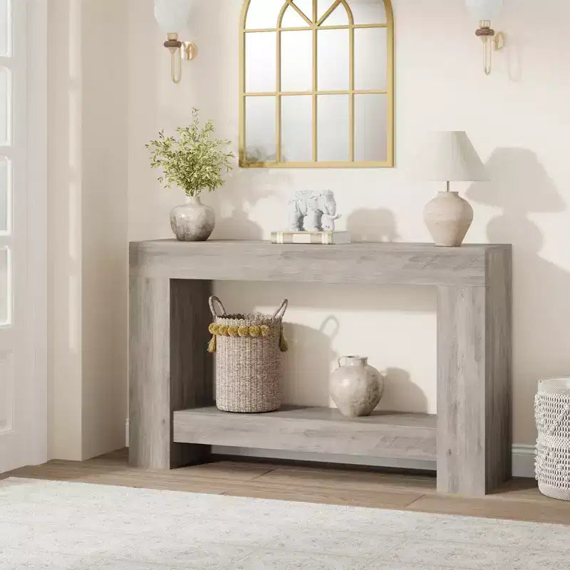 Mesa consola larga de 2 niveles, mesa de sofá, mesa auxiliar de entrada estilo casa de campo detrás del sofá para entrada, pasillo, sala de estar