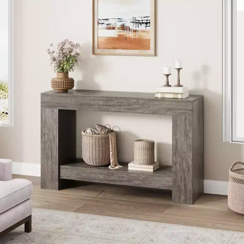Mesa consola larga de 2 niveles, mesa de sofá, mesa auxiliar de entrada estilo casa de campo detrás del sofá para entrada, pasillo, sala de estar