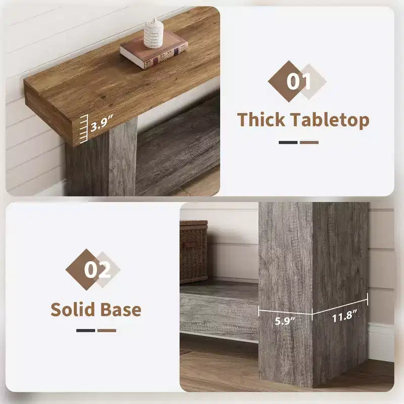 Mesa consola larga de 2 niveles, mesa de sofá, mesa auxiliar de entrada estilo casa de campo detrás del sofá para entrada, pasillo, sala de estar
