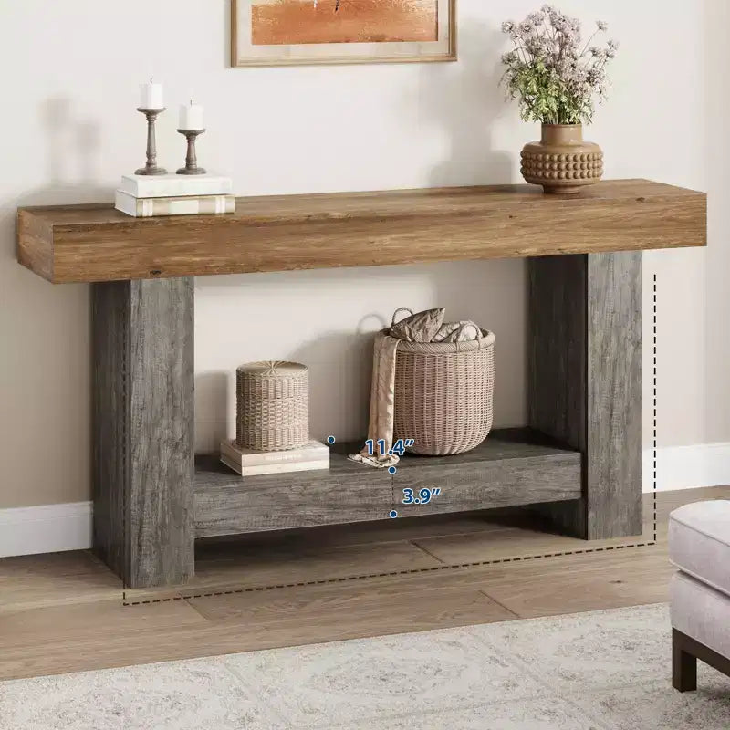 Mesa consola larga de 2 niveles, mesa de sofá, mesa auxiliar de entrada estilo casa de campo detrás del sofá para entrada, pasillo, sala de estar