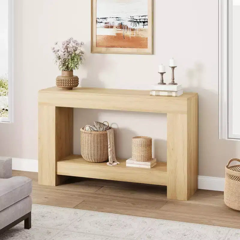 Mesa consola larga de 2 niveles, mesa de sofá, mesa auxiliar de entrada estilo casa de campo detrás del sofá para entrada, pasillo, sala de estar
