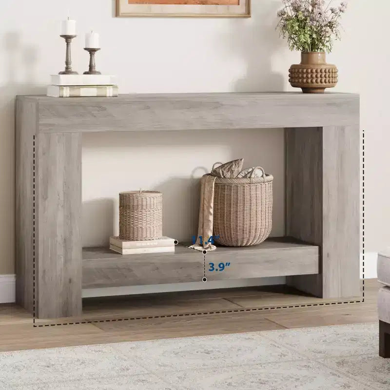 Mesa consola larga de 2 niveles, mesa de sofá, mesa auxiliar de entrada estilo casa de campo detrás del sofá para entrada, pasillo, sala de estar