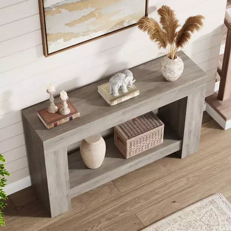 Mesa consola larga de 2 niveles, mesa de sofá, mesa auxiliar de entrada estilo casa de campo detrás del sofá para entrada, pasillo, sala de estar