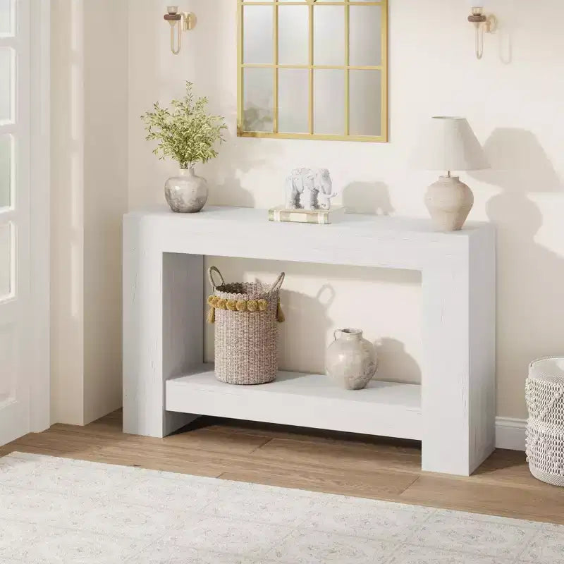Mesa consola larga de 2 niveles, mesa de sofá, mesa auxiliar de entrada estilo casa de campo detrás del sofá para entrada, pasillo, sala de estar