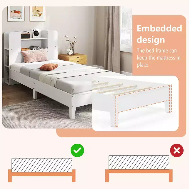 Estructura de cama individual Costway, base de plataforma de madera para niños con cabecero tipo estantería