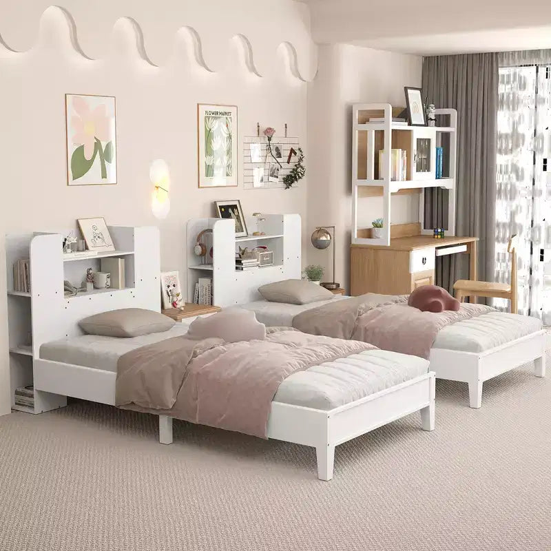 Estructura de cama individual Costway, base de plataforma de madera para niños con cabecero tipo estantería