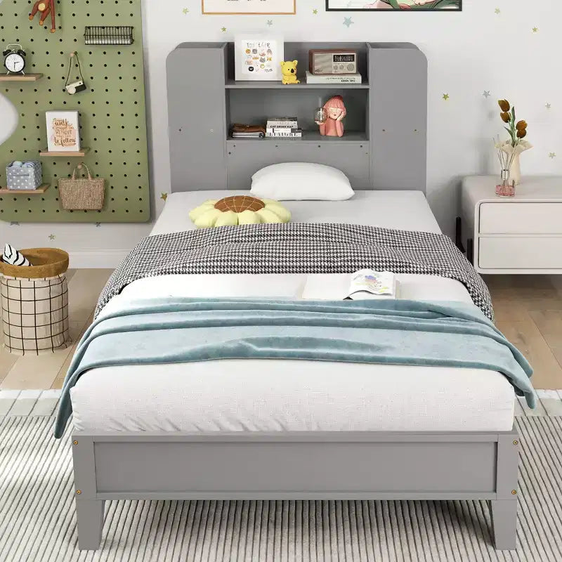 Estructura de cama individual Costway, base de plataforma de madera para niños con cabecero tipo estantería