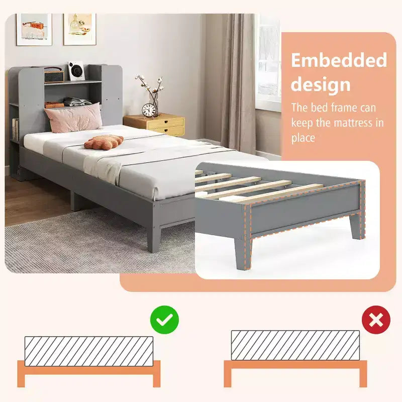 Estructura de cama individual Costway, base de plataforma de madera para niños con cabecero tipo estantería