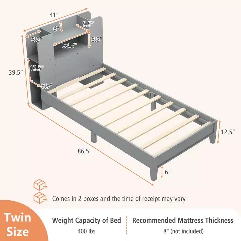 Estructura de cama individual Costway, base de plataforma de madera para niños con cabecero tipo estantería