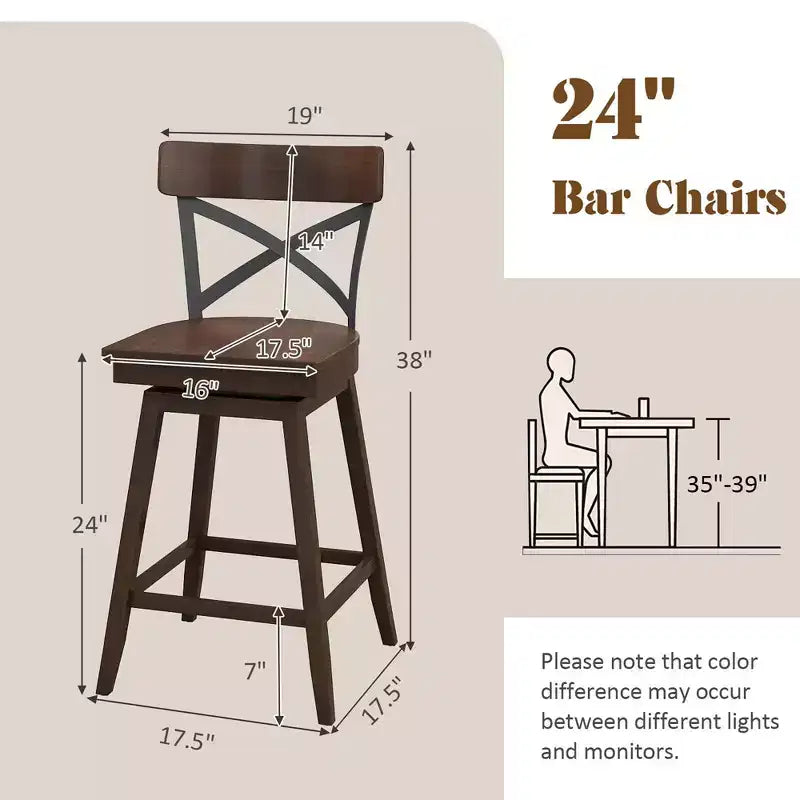 Juego de 4 taburetes de bar giratorios de madera Costway, sillas de cocina a la altura de la encimera con respaldo, color marrón